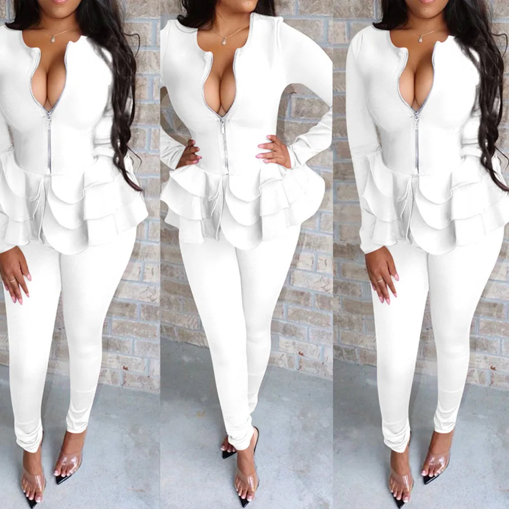 Two Piece Sets Women Autumn Elegant Solid Long Sleeve Sexy V Neck Ruffles Tops and Pancil Pants Office Ladies Causal Suits |