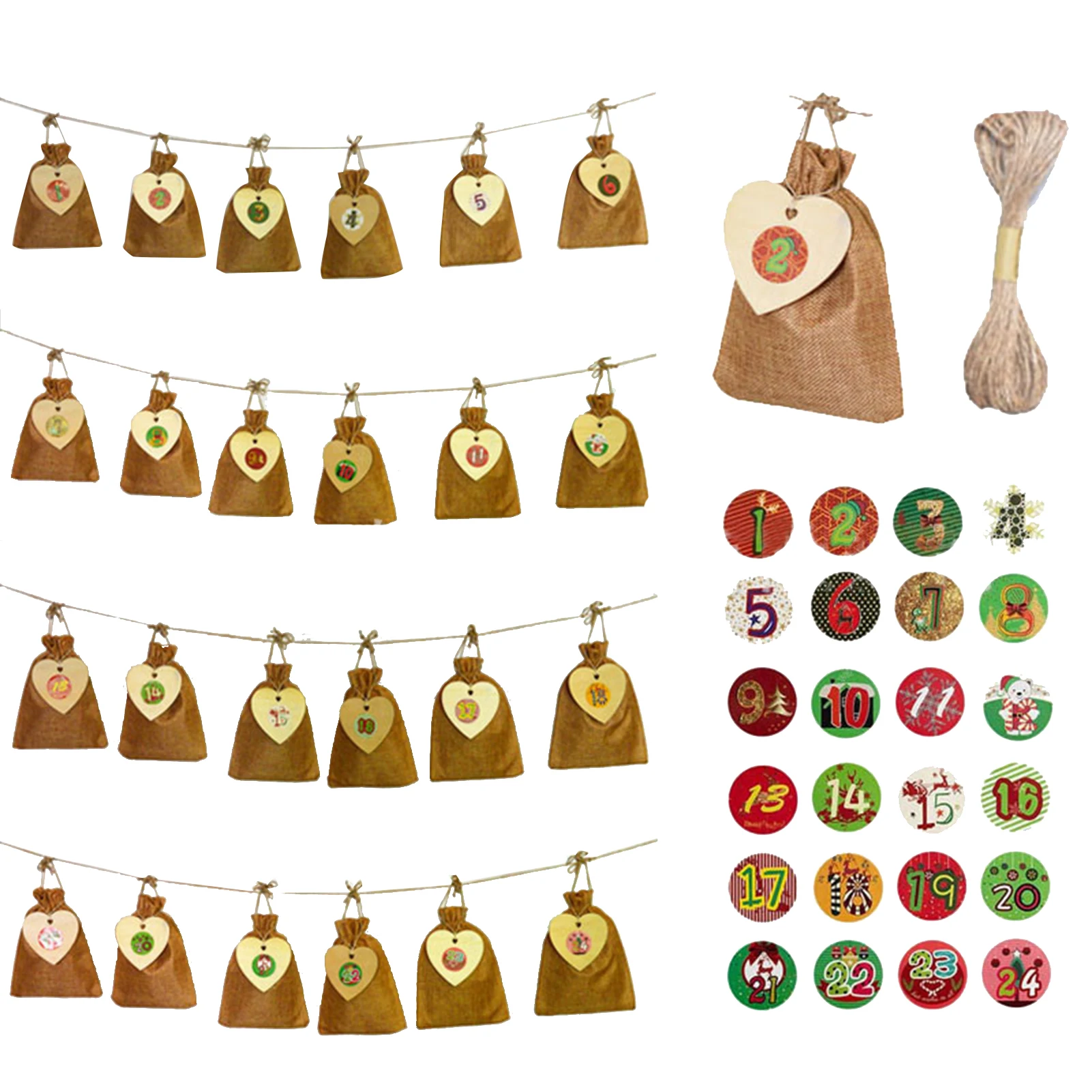 

24PCS DIY Christmas Advent Calendar Countdown Bag Hanging Candy Gift Sacks Pouch With Clips Stickers Rope Christmas Improved