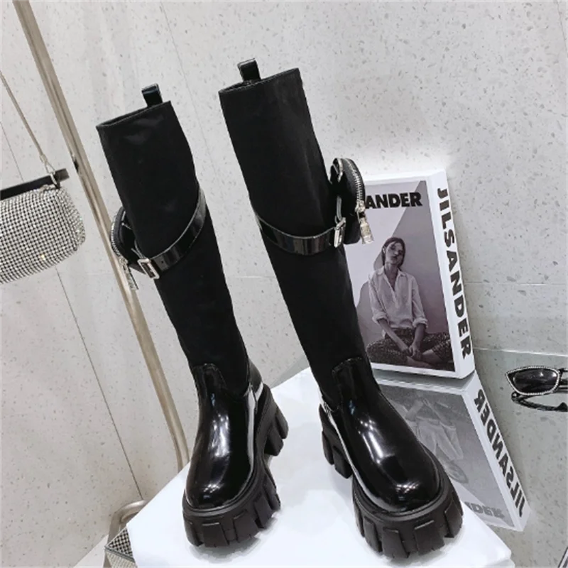 

Women Boots Knee High Chaussure Femme Platform Patent Leather Bottes Pocket Bag Botas Mujer Luxury Brand Designer Female Shoes