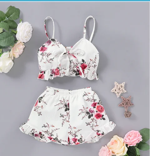 

Летняя одежда для малышей, для маленьких девочек с рюшами и цветами, топы и шорты, детские штаны, костюм комплект одежды 1-6Years