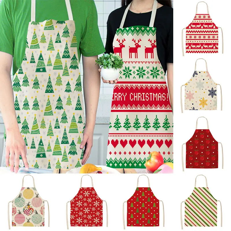 

Christmas Decoration Cotton Linen Apron Plaid Creative Christmas Tree Snowflake Print Apron Kitchen Baking Cooking Accessories