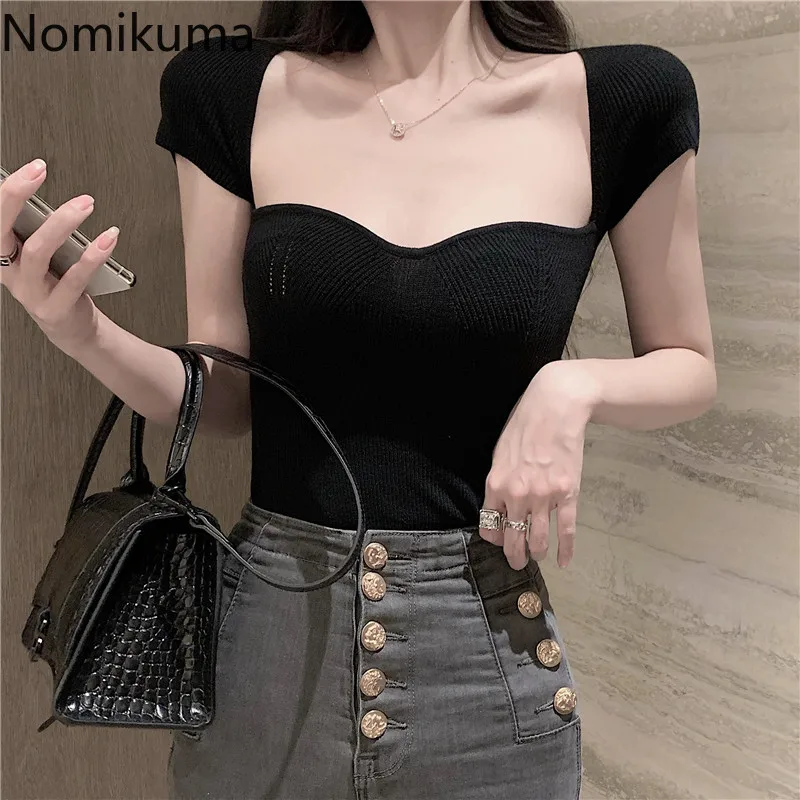 Женская футболка с коротким рукавом Nomikuma однотонная облегающая квадратным