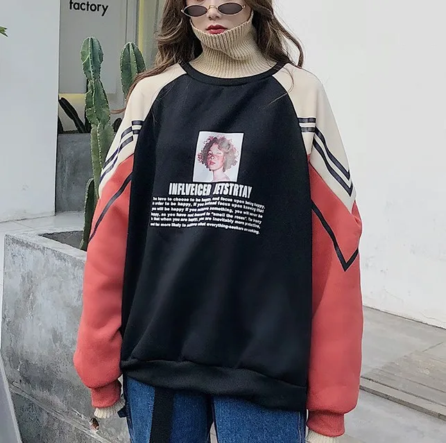 

2021 New Turtleneck Patchwork Hoodie Women's Sweatshirt Winter Oversized Tops Fashion Hip Hop Print Streetwear Punk Pullover