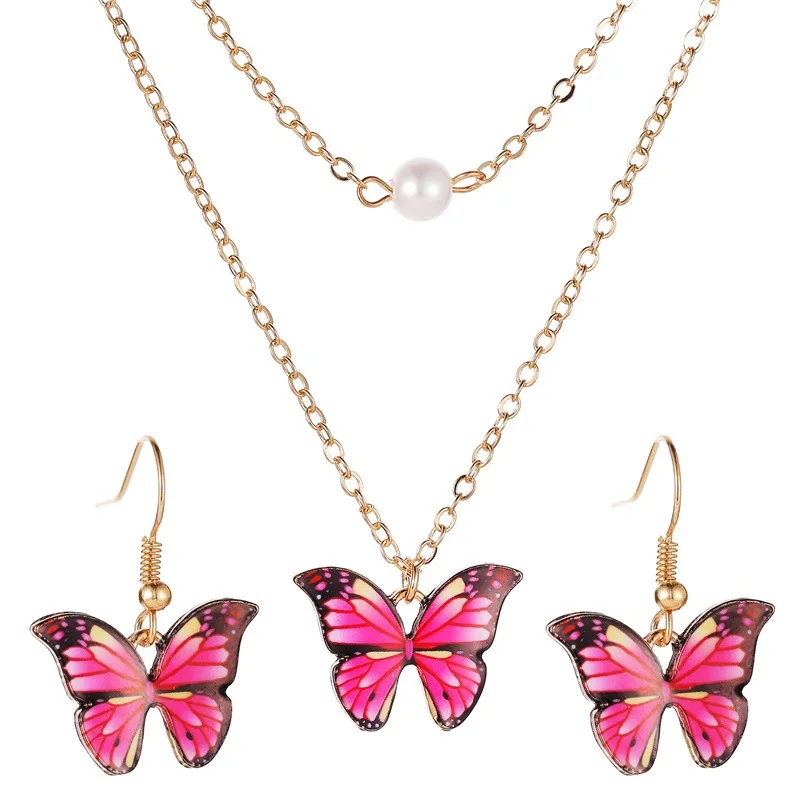 

QW new set butterfly necklace color double-layered pearl butterfly pendant female elegant butterfly earrings.