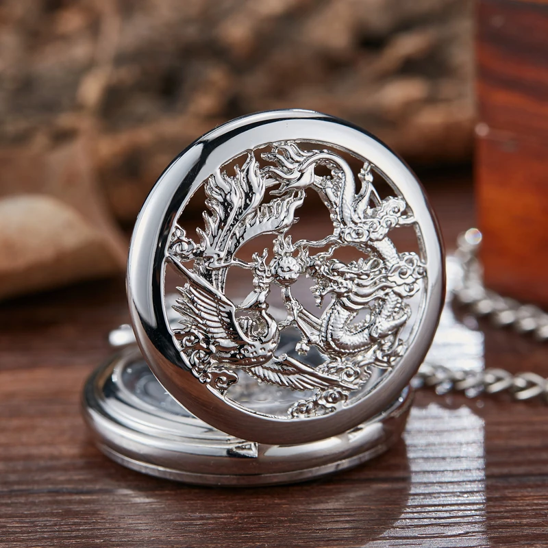 Mechanical Pocket Watch Dragon Play Ball Steampunk Skeleton Hand-wind Flip Clock Fob Watch With Chain For Men Women Collection