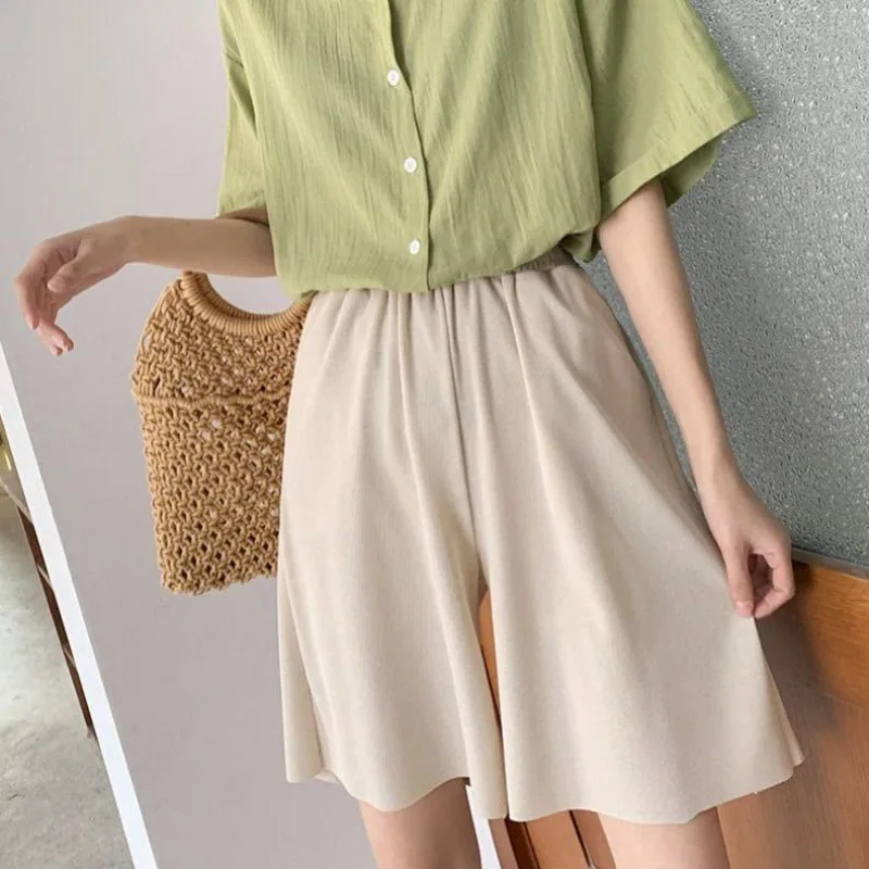 

2021 New Summer Ice Silk High Waist Loose Straight Middle Pants Blue Pink White Black Breathable Comfortable Casual Shorts