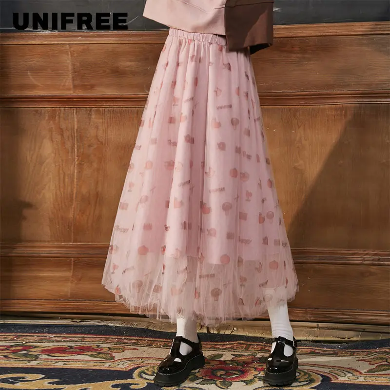 Unifree2019 Новая женская мультяшная печать сетки сплайсинга А-силуэта длинная юбка