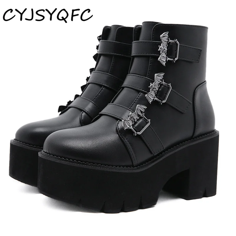 CYJSYQFC Metal Decoration Bat Demonia Boots Women Platform Black Punk Gothic Ankle Strap Belt Buckle Woman Short Boots Plus Size