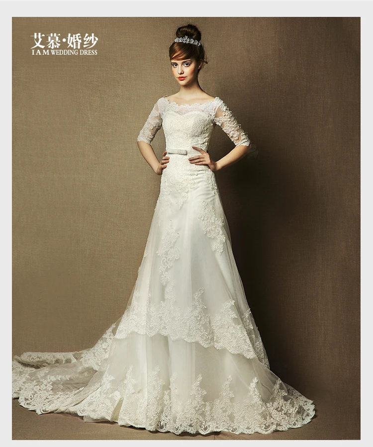 

vestido de noiva New Arrival 2016 boat neck bride cap sleeve lace Wedding Dress with half sleeve a-line bow sashes appliques