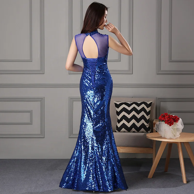 Синее модное вечернее платье элегантное приталенное Восточное женское