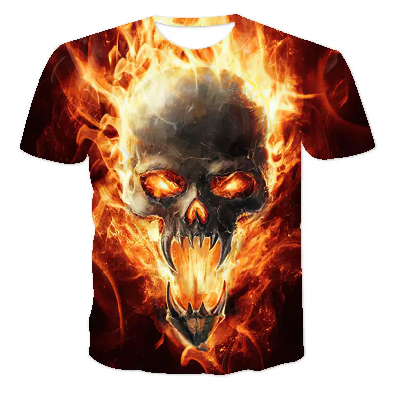 

New Loose Round Neck Short Sleeve T-Shirt 3D Color Printing Flame Skull Personality Male/Female Suitable For XXS-6XL