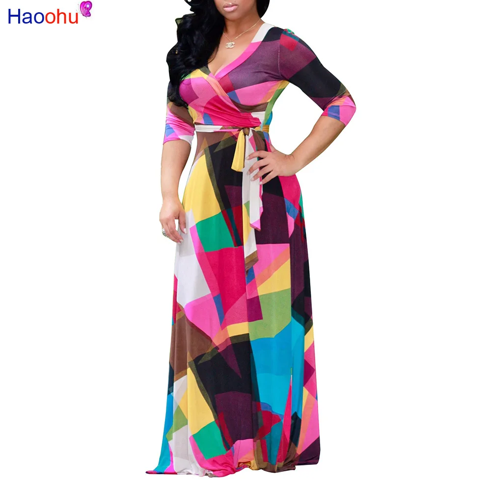 Женское платье с длинным рукавом HAOOHU осеннее макси в стиле бохо v образным