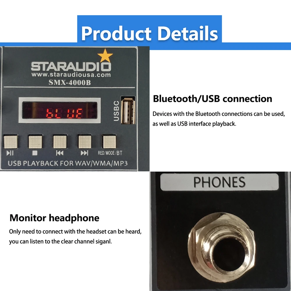 Профессиональный усилитель STARAUDIO 4 канала 2000 Вт микшер с MP3 Bluetooth USB 16 эффектов