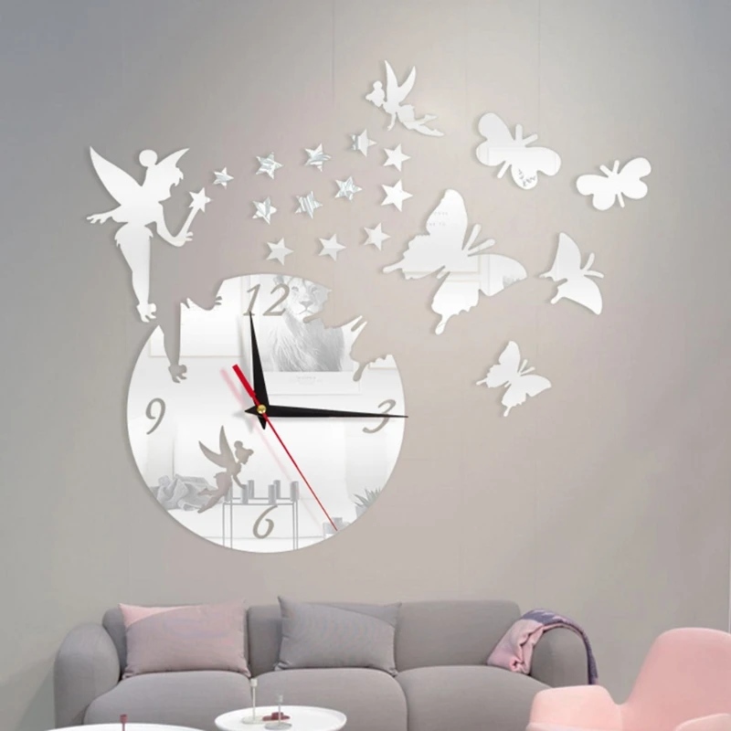 

H051 DIY 3D Mirror Acrylic Wall Clock Sticker Fairy Stars Butterfly Decor Living Room Bedroom Home Decoration