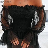 new sexy off shoulder blouse women mesh flare sleeve shirts summer fashion sheer long sleeve lace frill blouser tops