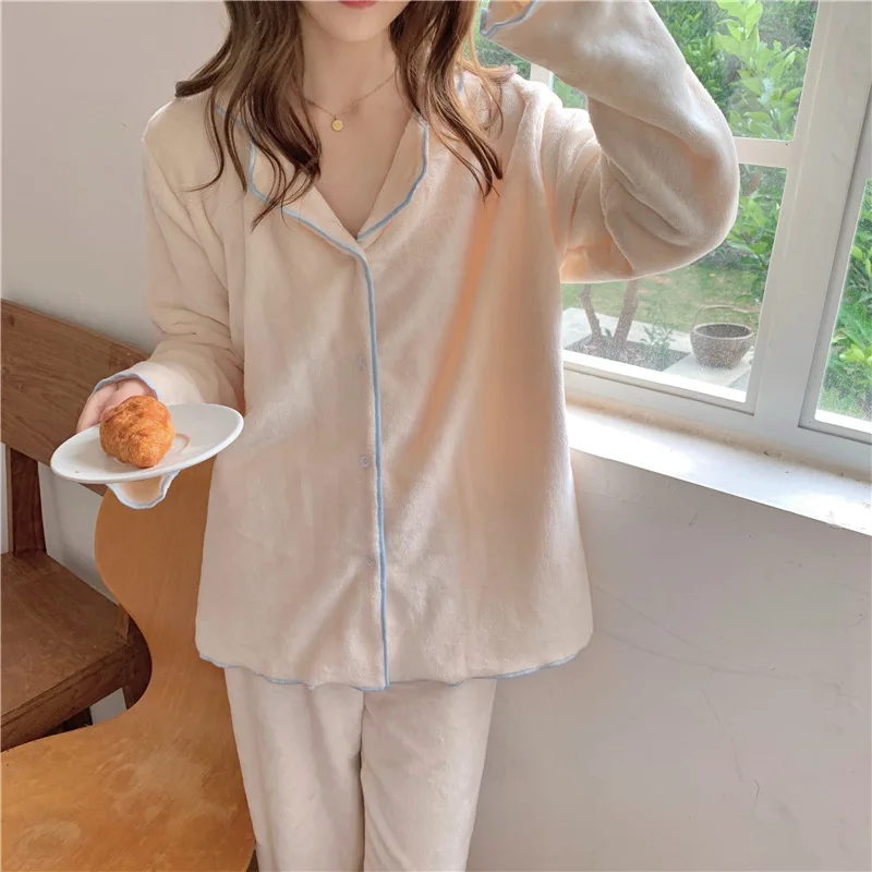 

Warm Coral Velvet Pajamas Suit Women V-neck Nightwear 2pcs Full Sleeve Shirt&pants Sleepwear Intimate Lingerie Home Clothes