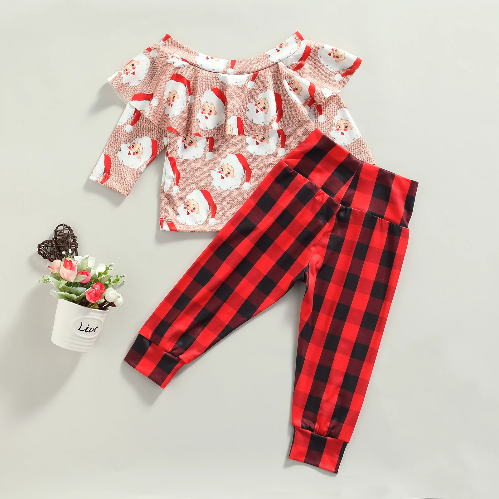 

Autumn Fall Baby Girl Clothes Outfits Xmas Party Suits Santa Print Ruffles T-Shirt Red Plaids Trousers Baby Sets 0-3Y