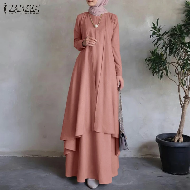 ZANZEA Women Long Sleeve Muslim Kaftan Maxi Dresses Irregular Hem Loose Long Dress Dubai Turkey Abaya Hijab Sundress Oversized