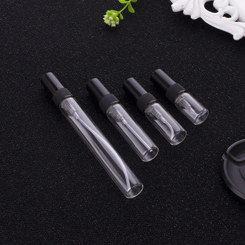 50 шт./лот 2МЛ 3МЛ 5МЛ 10МЛ прозрачных черных стеклянных флаконов со спреем для парфюмерии, атомайзеров, мини-образцов и тонких пробирок.