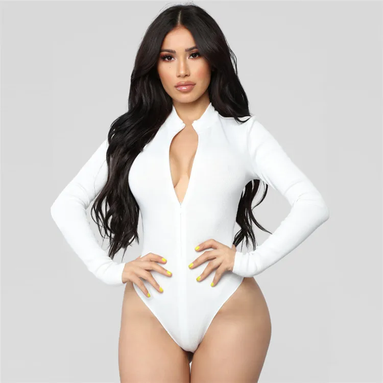 Spring 2020 Black White Bodysuit Women Zipper Long Sleeve Jumpsuit One Piece Open Crotch Slim Fit ropa mujer D01715Y | Женская одежда