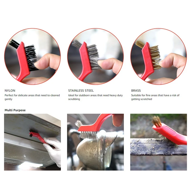 

Wire Brush Set 9Pcs -7 Inch Nylon/Brass/Stainless Steel Bristles with Curved Handle Grip for Rust Dirt & Paint Scrubbing