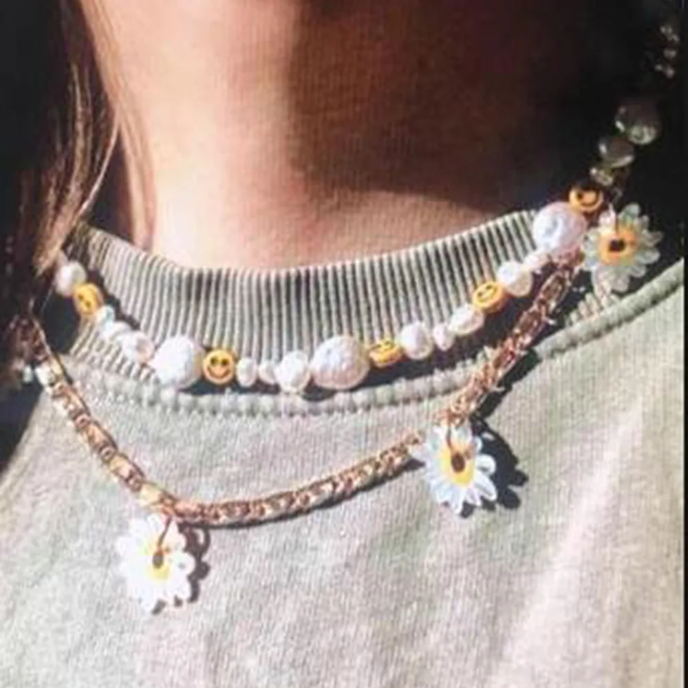 

Lucky Smile Face Pearl Choker Necklace Girls Women Bohemian Beads Collar Choker Chain Neck Necklaces Fashion Summer Boho Jewelry