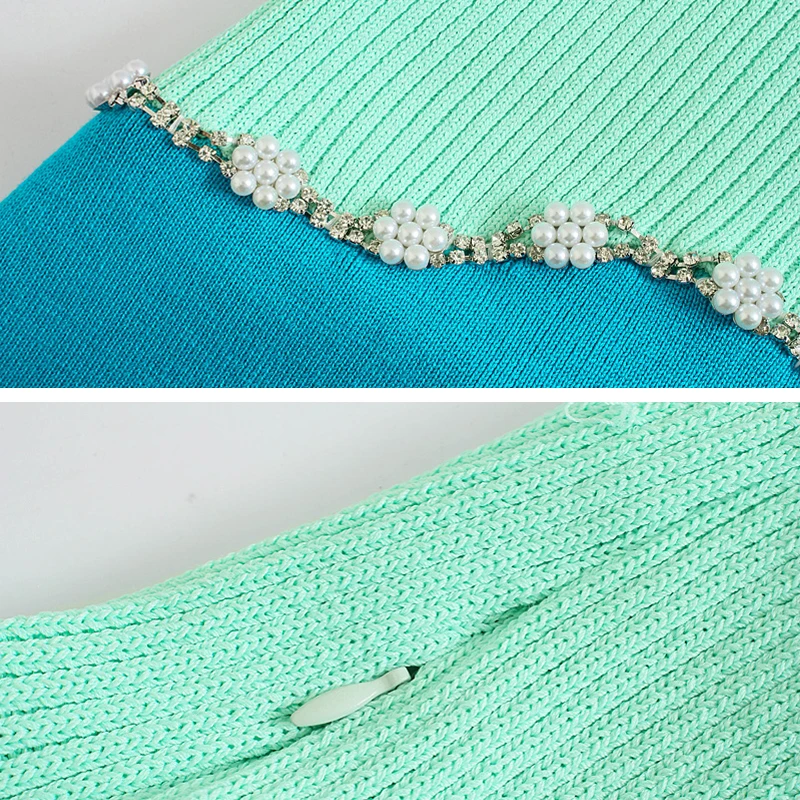 

Sexy Women Patchwork Knit dress Summer Sleeveless pearl diamond Mini dress sweater 2021 Club party A-line Vestidos YNZZU 1D074
