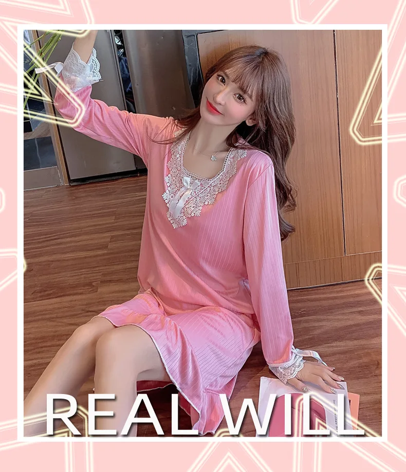2021 Spring and Autumn New Comfortable Lace Women's V-Neck Long Sleeve Fashion Nightdress Women Can Wear Home Nightdress