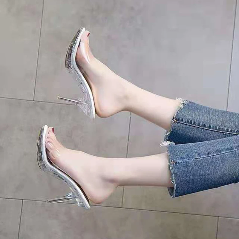 

Lucyever Summer Fashion High Heels Slippers Women Transparent Bottom Sexy Thin Heels Slides Woman 2021 New Platform Sandals