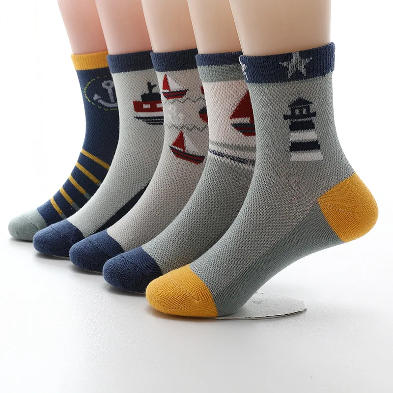 Calcetines de algod&oacute;n para ni&ntilde;os y ni&ntilde;as de 3 a 15 a&ntilde;os, medias de malla transpirable para primavera y verano, 5 par/lote, novedad de 2019-0