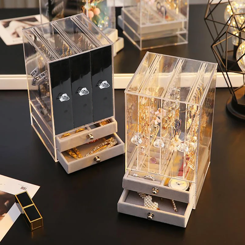 

Transparent Acrylic Jewelry Storage Box Case Jewelry Organizer For Women's Necklace Ring Display Stand Dresser Dustproof Rack