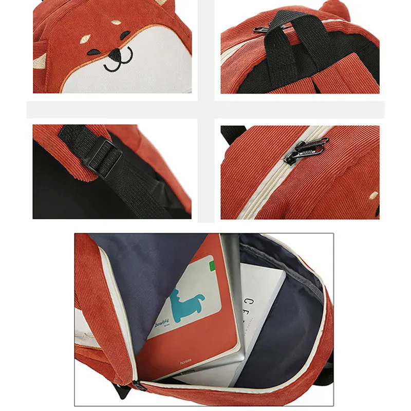 

Cute Pug Dog Corduroy Backpacks for Women Japan Style Fox Embroidery School Bags for Teenage Girls Large Travel Mochila Female