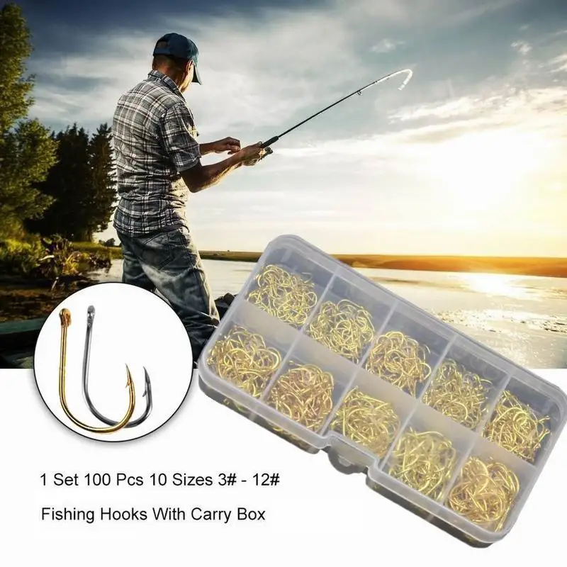 2 Colors 100pcs/box 10 Sizes Fishing Outdoor Fish Hooks Strong Sharp Stainless Steel Carry Box