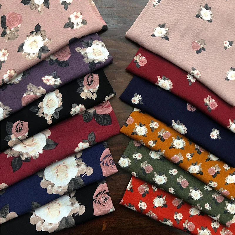 

132*100CM Rayon Crepe Printed Rayon Crepe Fabric Rose Flower Small Floral Summer Holiday Dress Fabric
