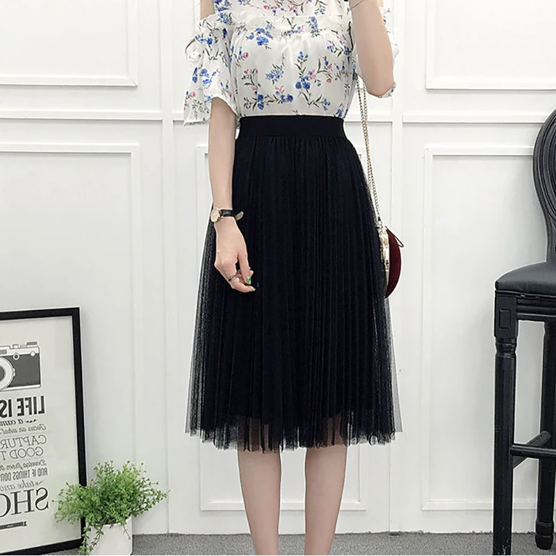 

Fashion High Waist Pleated Mesh Skirt Woman Summer Knee-length Slim Tulle Skirts Womens Korean Style A- Line Ruched Tutu Skirts