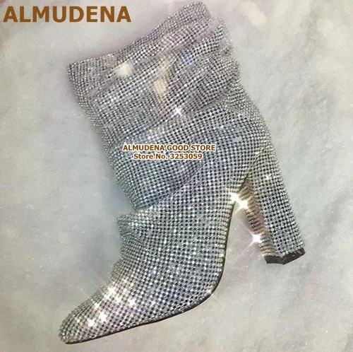 silver as picture ALMUDENA/женские ботинки на не сужающемся книзу массивном каблуке; стразы; цвет золотистый, серебристый, черный; шикарные ботинки в байкерском стиле; красивые ботильоны со стразами; туфли-лодочки - Цвет: silver as picture