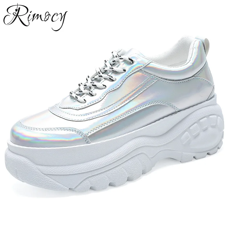 Rimocy/Серебристые кроссовки из лакированной кожи на массивном каблуке Женская
