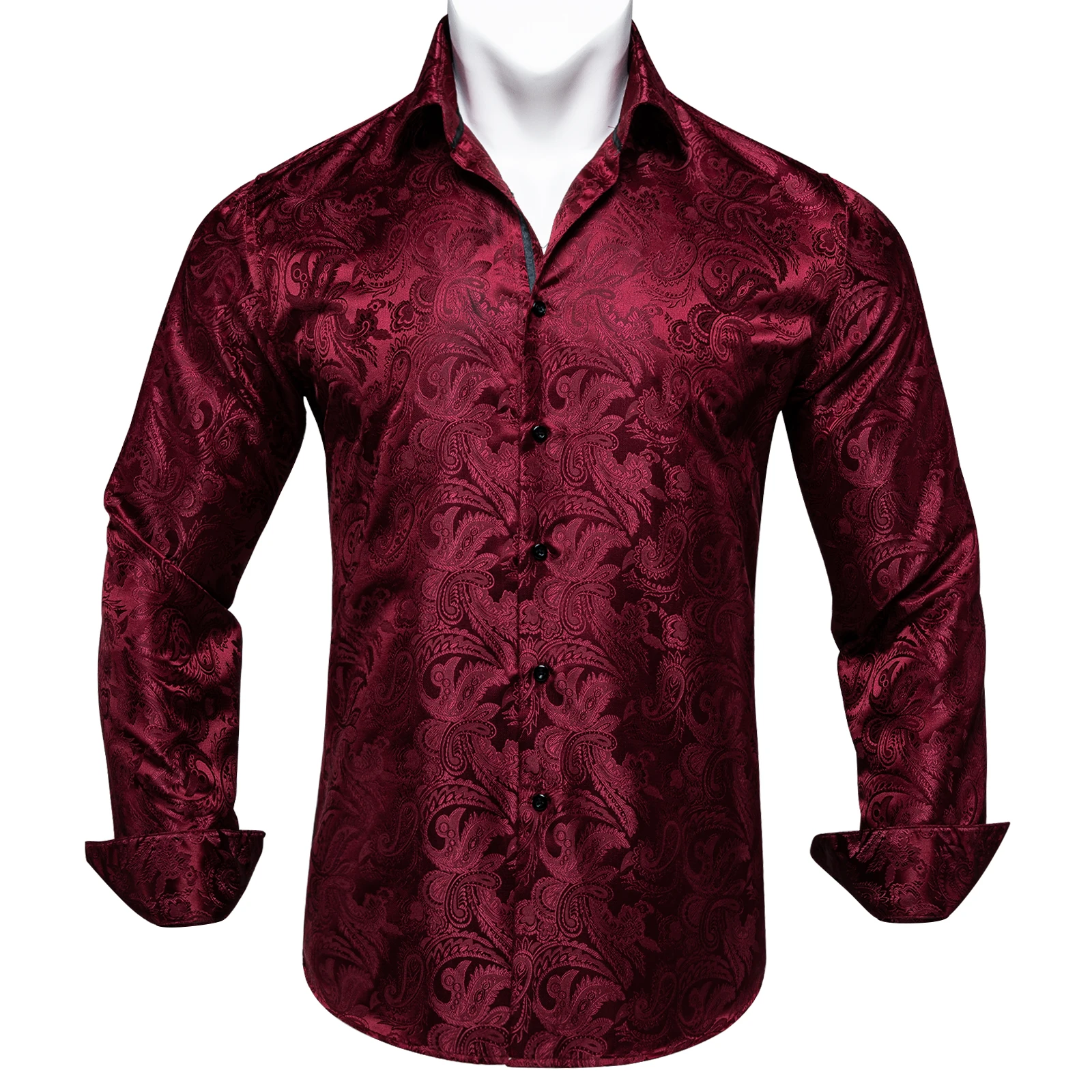 Brand Mens Red Shirt Long Sleeve Paisley Button Down Formal Social Shirts with Collar Pin Male Casual Spring Blouse DiBanGu