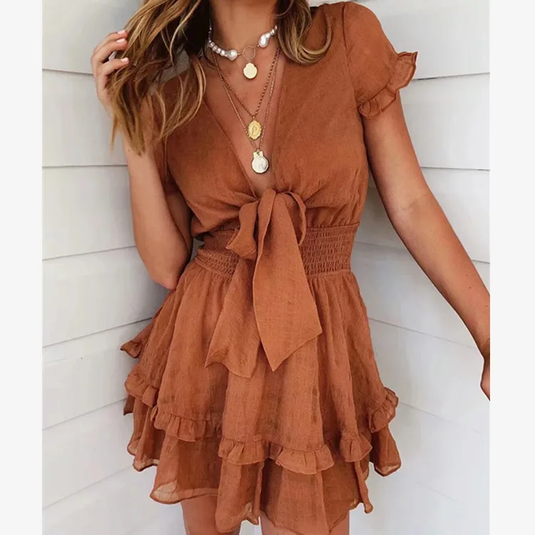 

Women Sexy Knot Front Hem Ruffles Casual Dress Party Vestidos Elegant Mini Dresses Fashion Vestidos