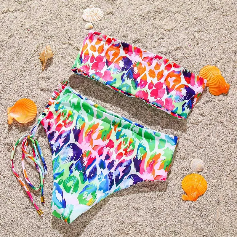 

Rivertrip Off Shoulder Bikinis Bandeau Swimsuits Women Tie Waist Swimwear Tie Dye Bathing Suits Push Up Beachwear New Summer