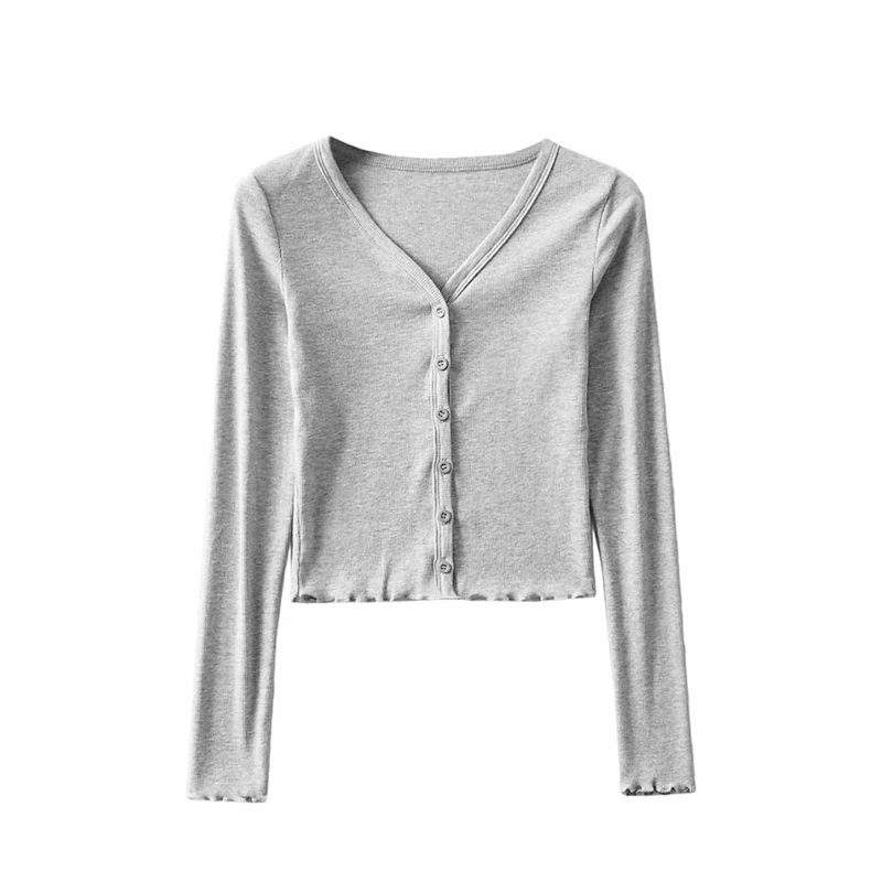 

WOMENGAGA Autumn Long Sleeve V-neck Slim Solid Color Cardigan Women Korean Casual Edible Tree Fungus Short Tops Blouse Jg4s