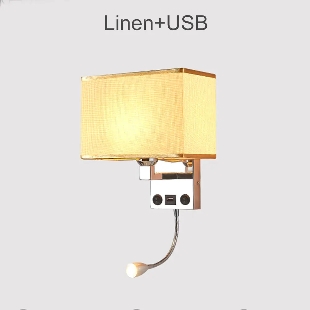 Linen USB Светодиодный настенный светильник E27, современный прикроватный настенный светильник для спальни, гостиной, 7 Вт, 85-265 в, светильник для внутреннего ночного освещения - Цвет абажура: Linen USB