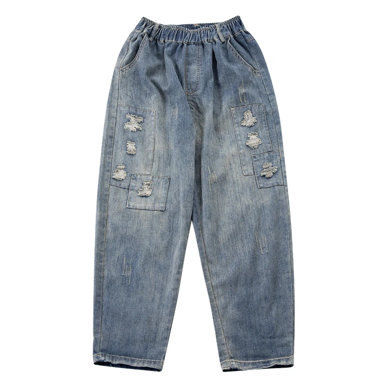 Эластичный пояс свободный светильник синие джинсы для женщин Ретро стиль 100 см на