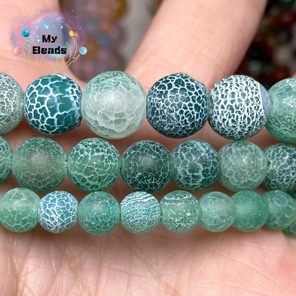 

Natural Green Matte Frost Cracked Agate Stone Beads For Jewelry Making Diy Necklace Bracelet Charm 4 6 8 10 12mm 15" Round Beads