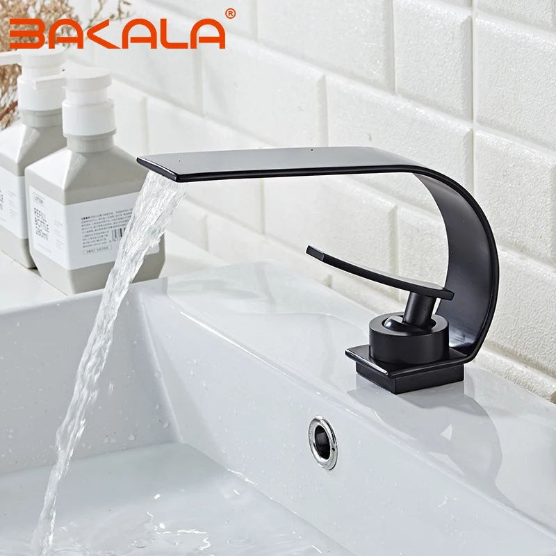Кран для раковины BAKALA черный латунный столешница крепление на палубе водопад