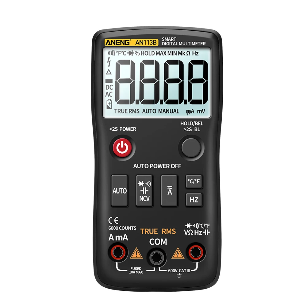 

ANENG AN113B Digital Multimeter True RMS with Temperature Tester 6000 Counts Auto-Ranging AC/DC Transistor Voltage Meter