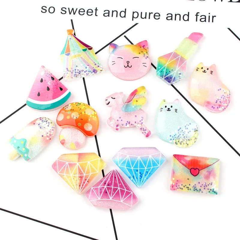 Colorful Glitter Resin Cabochons 10pcs Flatback Kawaii Fruit Watermelon Animal Cat Mushroom Ice Cream Horse Castle Cameo Patch | Украшения