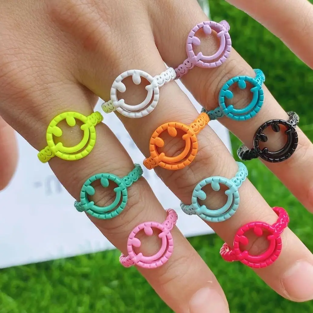 

10 шт. корейские модные простые милые эмалевые кольца со смайликом для женщин неоновые летние массивные открытые кольца ювелирные изделия