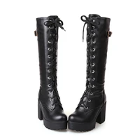 gothic square chunky block high heels riding boots women lace up thick platform rock punk cosplay knee high boots shoes