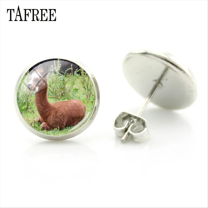 TAFREE, серьги-гвоздики из альпаки с изображением животных ламы, художественное изображение, стеклянный кабошон, очаровательные серьги для девочек и женщин, ювелирные изделия ручной работы, Gtifs YT13